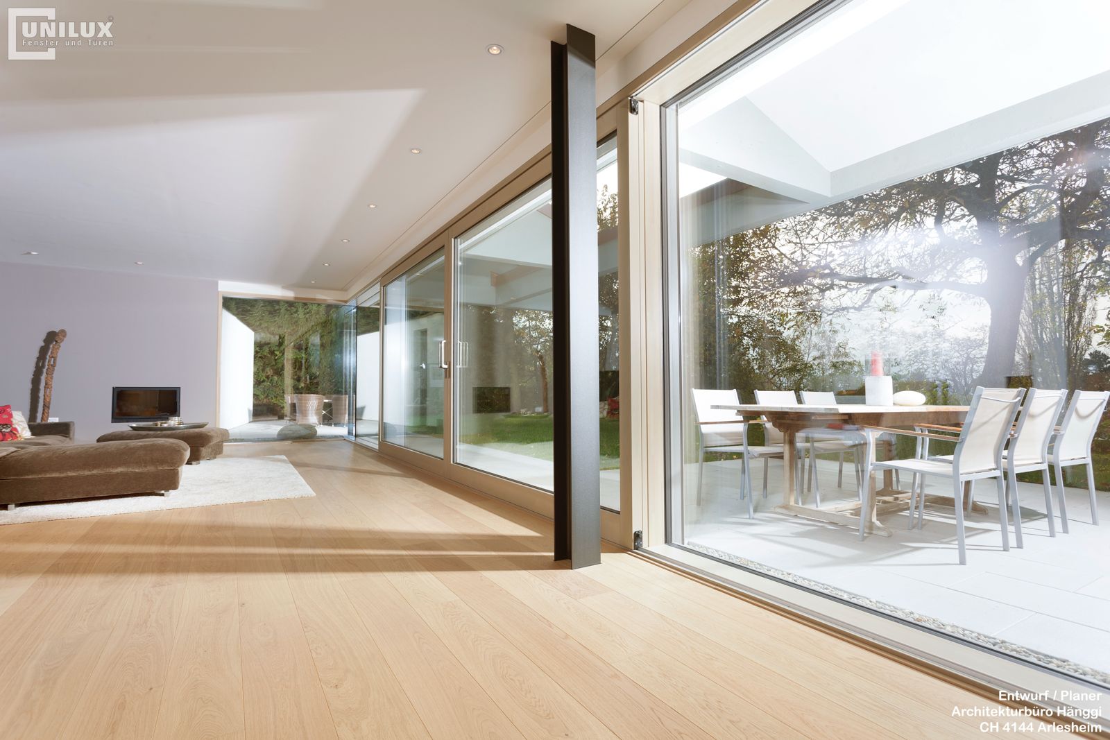 Unilux Lift and Slide Aluminium Wood Sliding Door, 32mm Glass, 8mm frame, High Security Multi-point locking system.